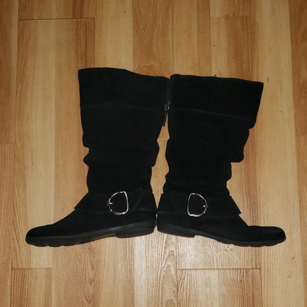 Black Suede Side Zip Boots with Calf Vent Zipper